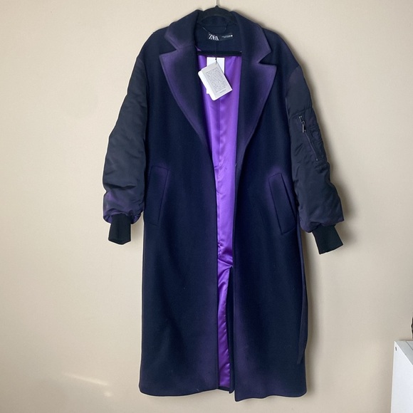 Zara Manteco Wool Satin Combination Bomber Jacket Duster Longline Pea Coat sz XS - Picture 16 of 16